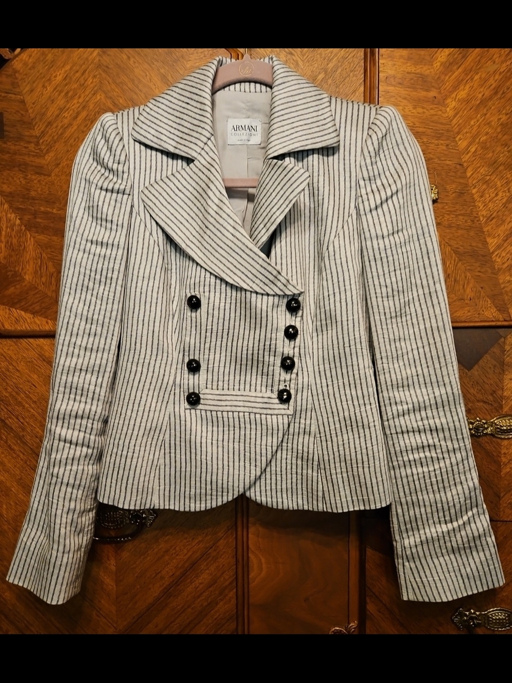 Armani Collezioni Size 4 XS Women's Cream & Black Striped Double-Breasted Blazer